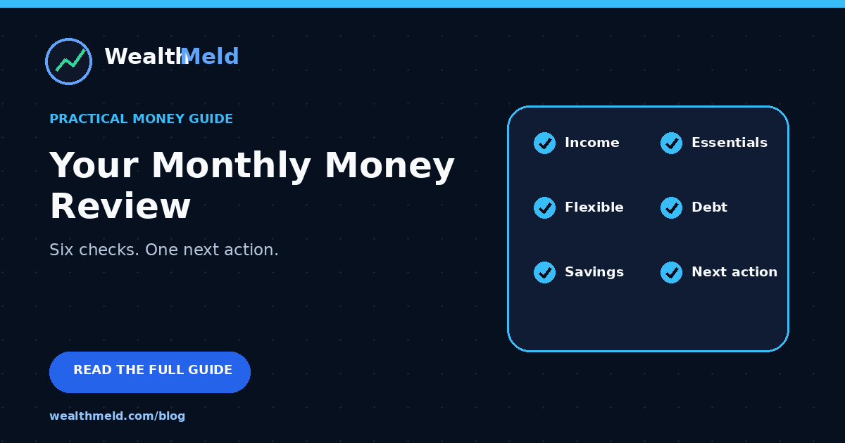 Monthly money review checklist covering income, spending, debt, savings and a next action.